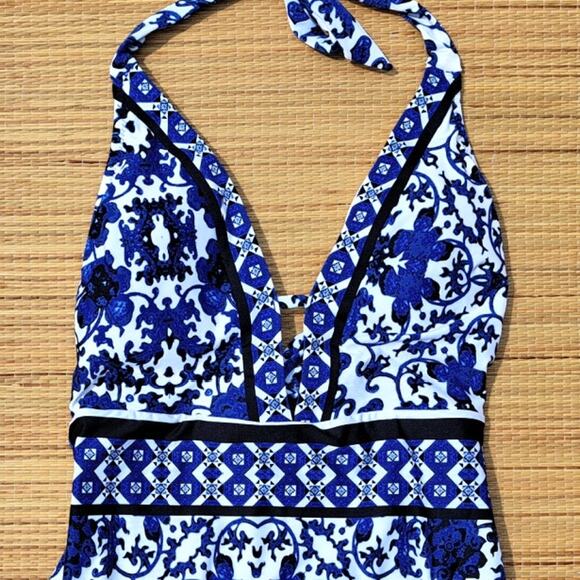 Nanette Lepore St. Etienne Goddess One Piece Swimsuit Small Blue Floral Halter - Picture 7 of 7